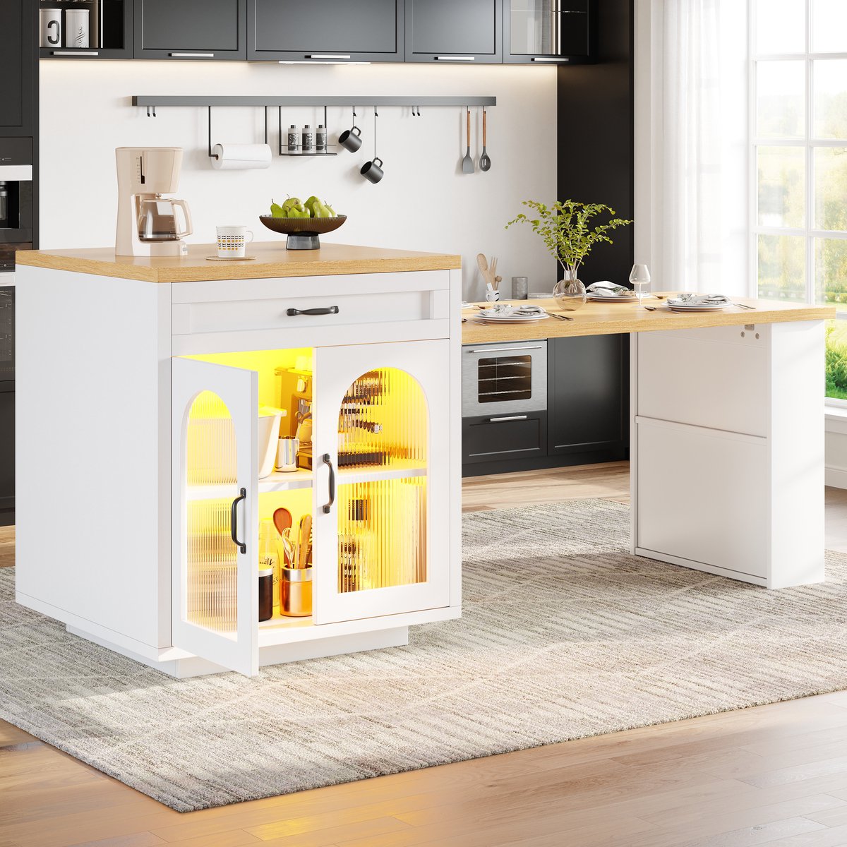 Wishdor - Keuken eiland - Uitschuifbaar werkblad - 2 lades en verstelbare plank - Modern voor keuken en eethoek - Houtlook en glas - Wit - 126-196 x 59 x 94 cm