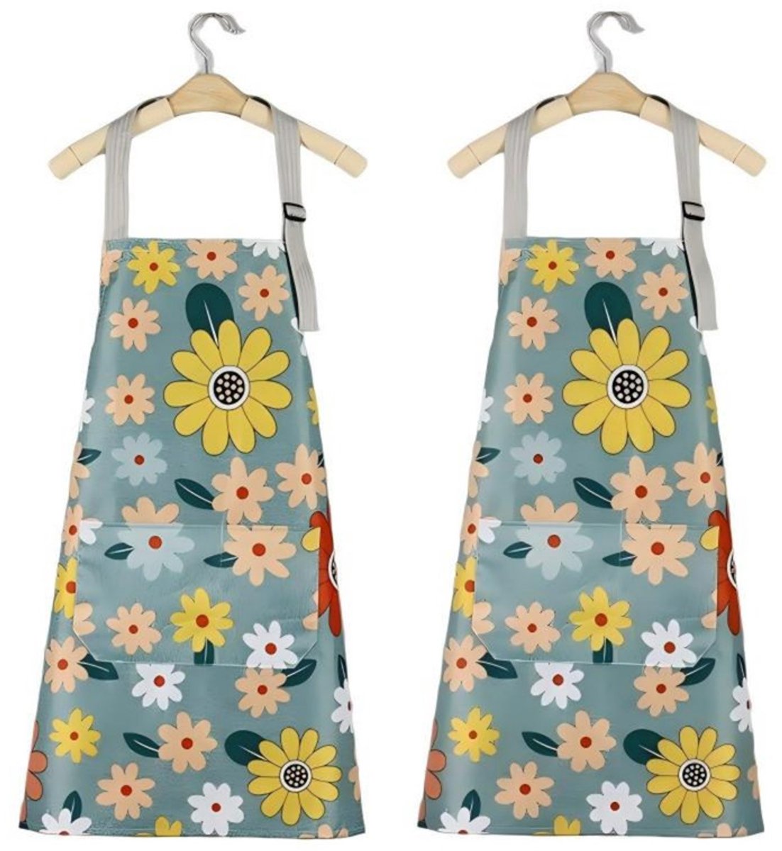 Schort – Set van 2 – 75 x 65 cm – Keukenschort – Schort met bloemenprint – Huishoudschort – Vlekbestendig – Duurzaam – Esthetisch – Minimalistisch – Werkshort – Geschikt voor keuken, schoonmaak, koffiebars, enz.