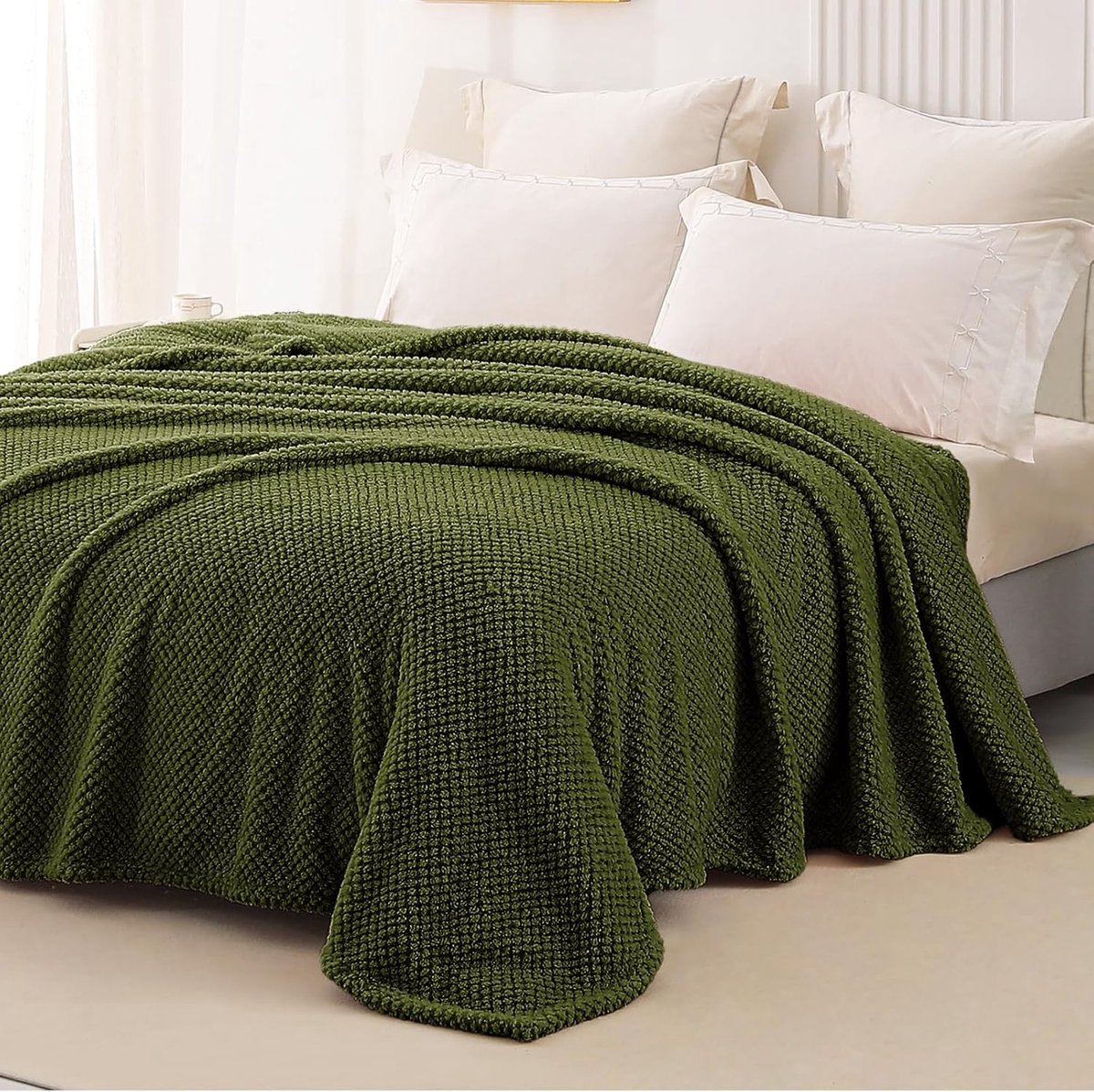 SnelShoppen - Whale Flotilla Knuffel Dekentje, Fluffy Fleece Dekbed, Warm Woondeken, Microfiber, 220 x 240 cm, Olijfgroen, Comfortabel voor Sofa en Be