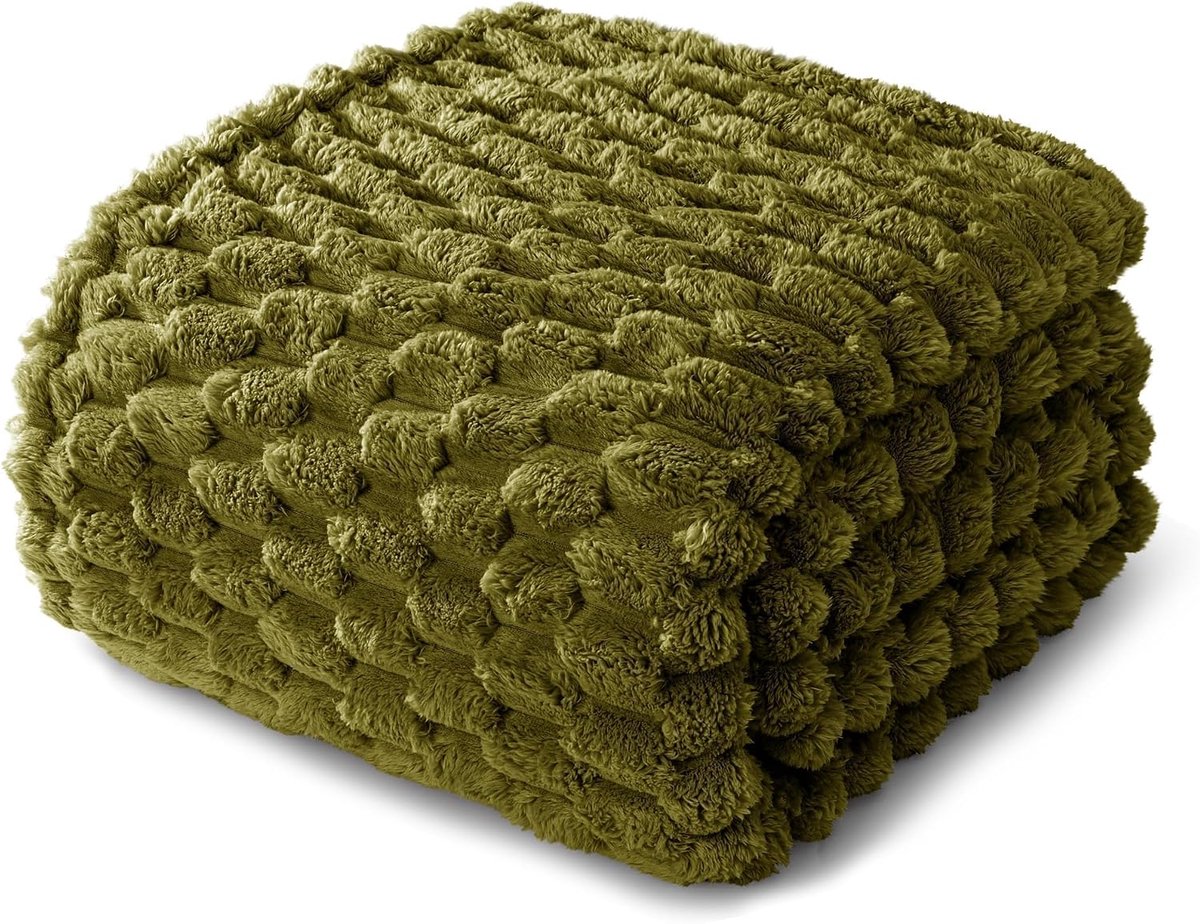 SnelShoppen - Fluffy Whale Flotilla Cuddly Blanket 220x240 cm, Warm Fleece Plaid met 3D Jacquard Patroon, Olive Groen, Perfect voor Sofa, Camping en A
