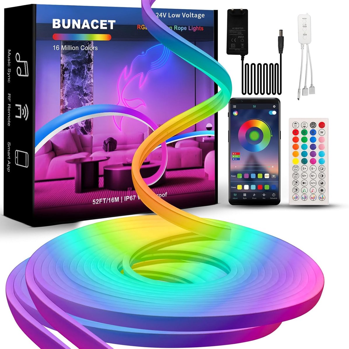 SnelShoppen - RGB+IC Neon LED Strip Dimmable 16M - Flexibele Waterproof LED Lichten met APP Controle, Muziek Sync, RF Afstandsbediening voor Tuin, Fee