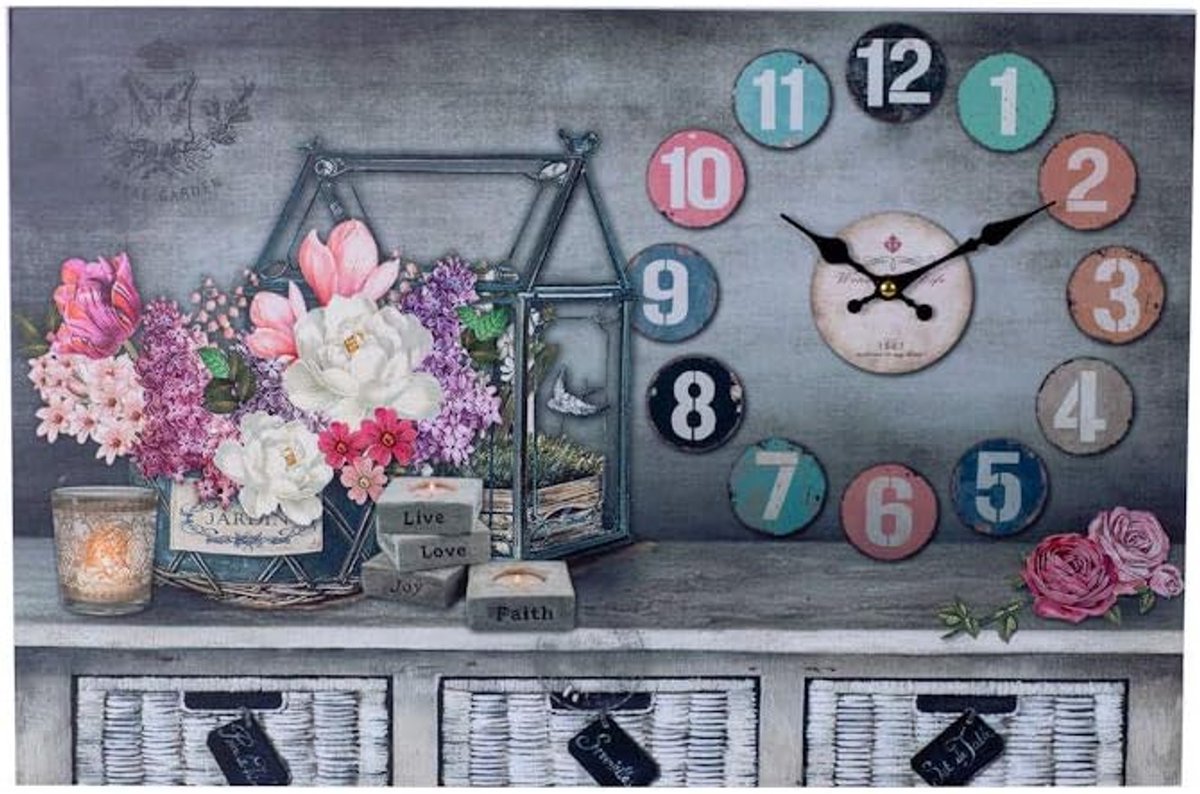 SnelShoppen - XL Canvas Wandklok met Klok GARDENHOUSE CANDLES & FLOWERS - 60x40 cm - Stille Keuken Wandklok - Brocante Canvas Klok - Decoratieve Muurd
