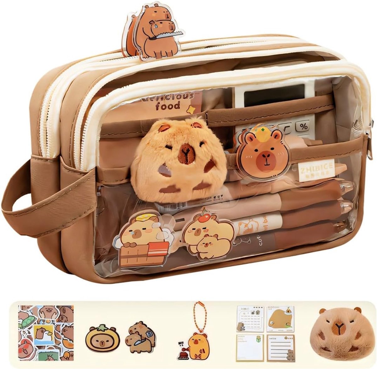 SnelShoppen - Schattige Capybara Pennenzak, Transparant Tasje met Compartimenten, Ruime Opening voor Stijlvolle Schoolspullen en Toilettas