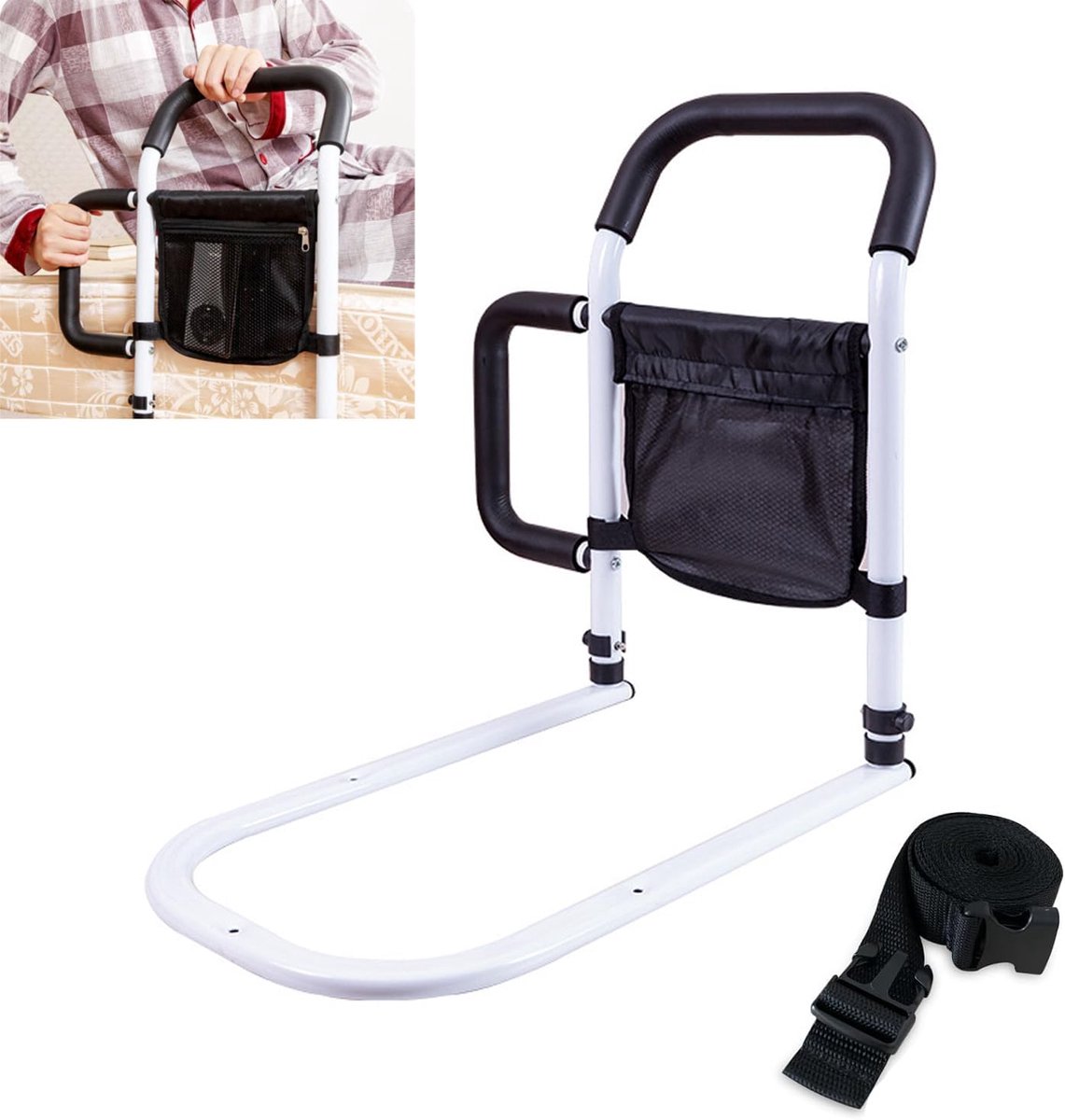 SnelShoppen - Bedrail voor ouderen met versterkt armleuning en opbergzak - Veiligheidsbedrail voor ouderen, gehandicapten en zwangeren - Comfortabele