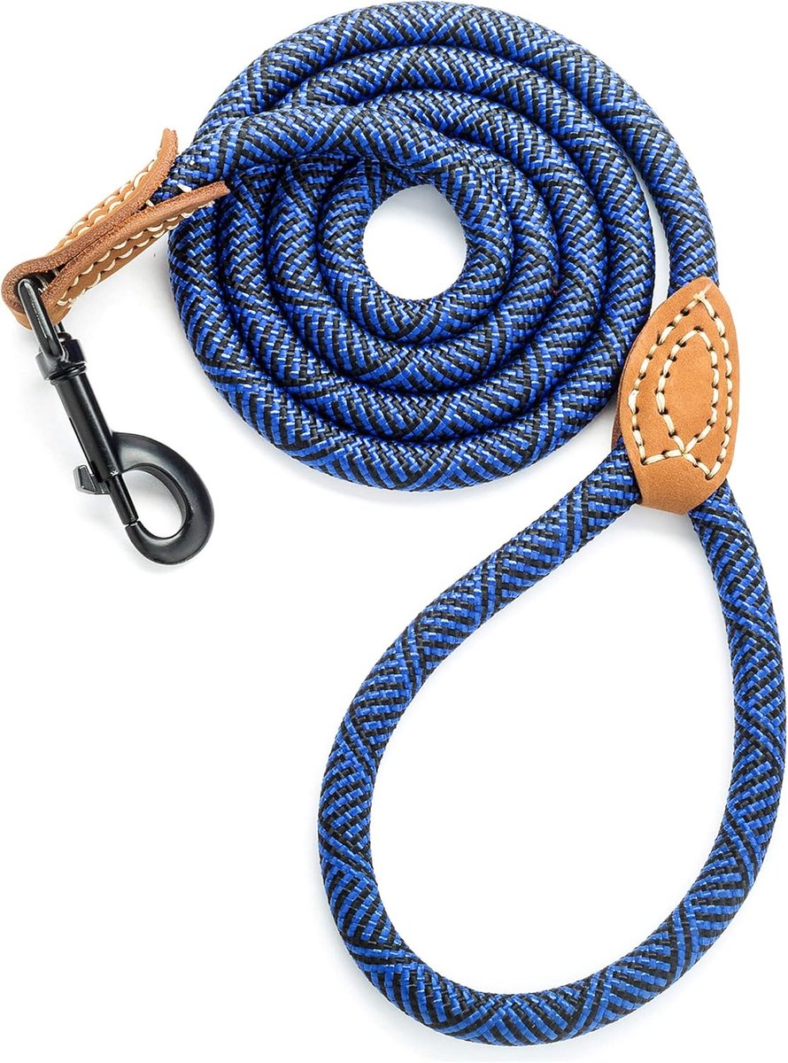 SnelShoppen - Mountaineering Hondentouw met Sterke Metaal Karabijnhaak | Echt Leer met Stevige Stiksels | Blauw 48" (1 Stuk)
