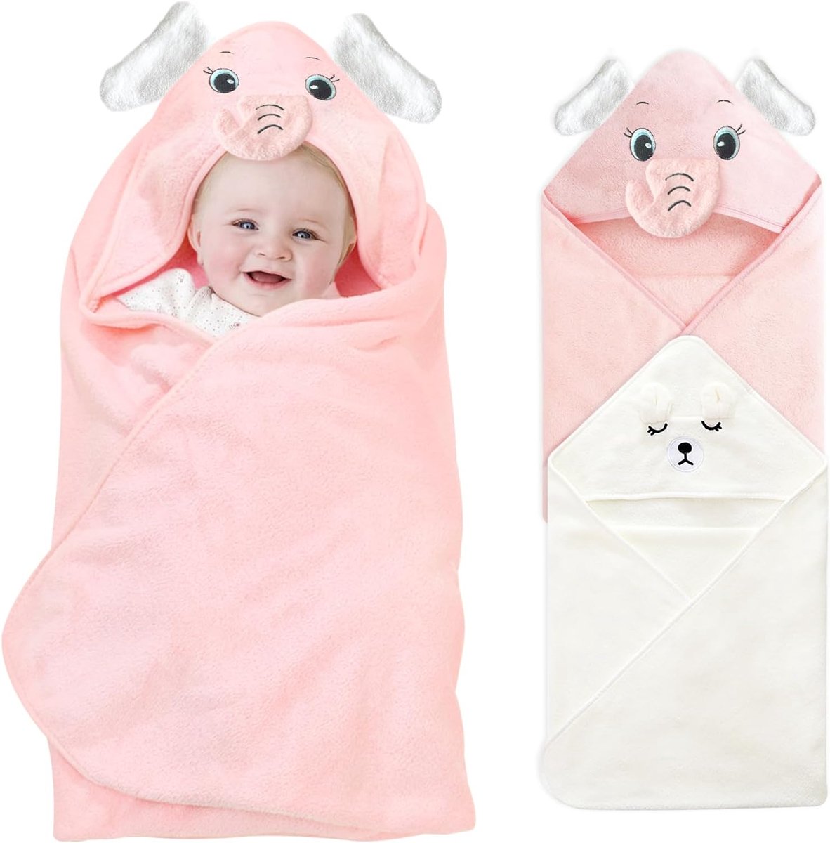 SnelShoppen - 2 Pcs Baby Badcape Set, Zachte Hooded Handdoeken, Super Absorberend, 80x80cm, Wit Beer & Roze Olifant, Perfect voor Kinderen en Baby's