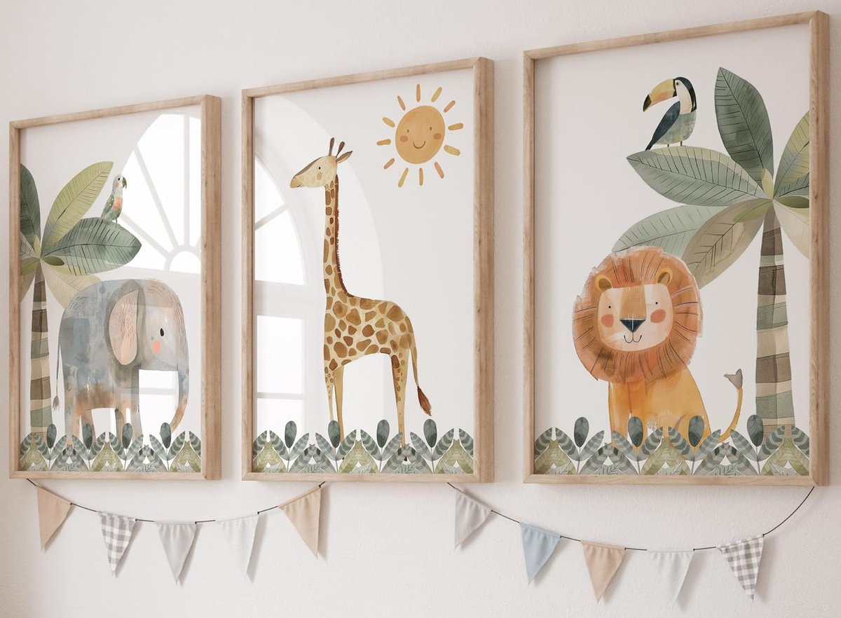 SnelShoppen - Eviepops Baby Safari Wanddecoratie - 3 Ongeframed Posters voor Kinderkamer Jongens & Meisjes, Dieren (Olifant, Giraffe, Leeuw) A4 Formaa