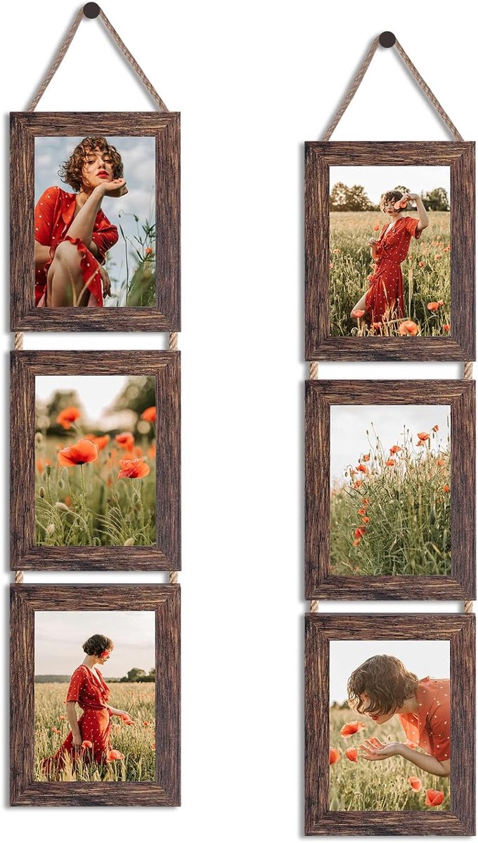 SnelShoppen - Vintage Foto Lijsten Set 13x18cm, Drievoudige Collage Hangsysteem, 6 Stuks Retro Bruin MDF Voor Foto's, Postkaarten en Posters