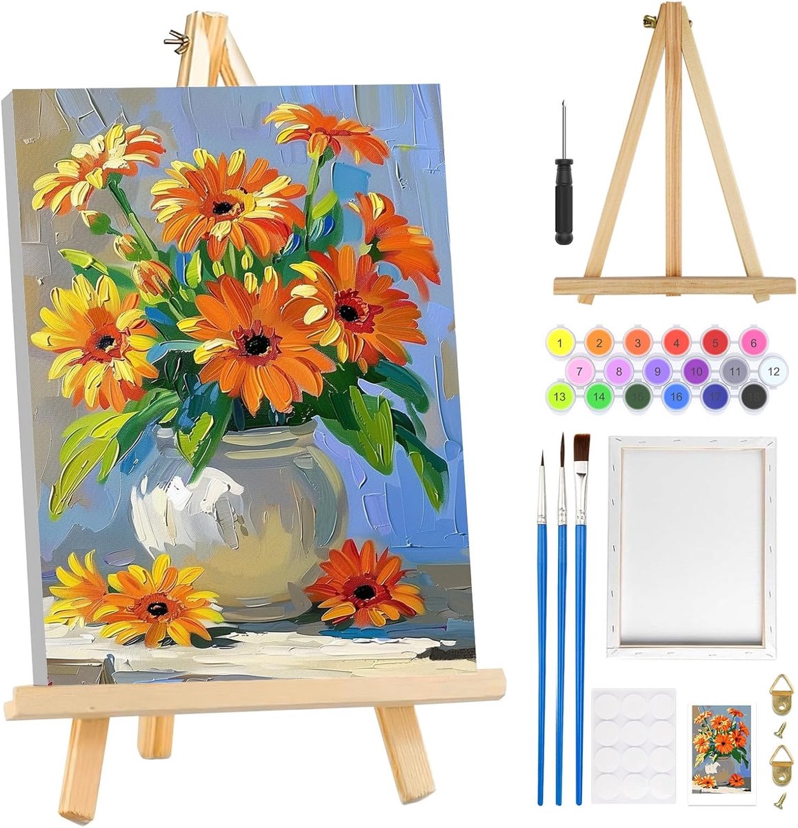 SnelShoppen - Verf op Nummer Set Bloemen in Vaasje met Frame en Easel, DIY Acryl Schilder Kit voor Volwassenen, Creatieve Hobby, 8x30.5 cm