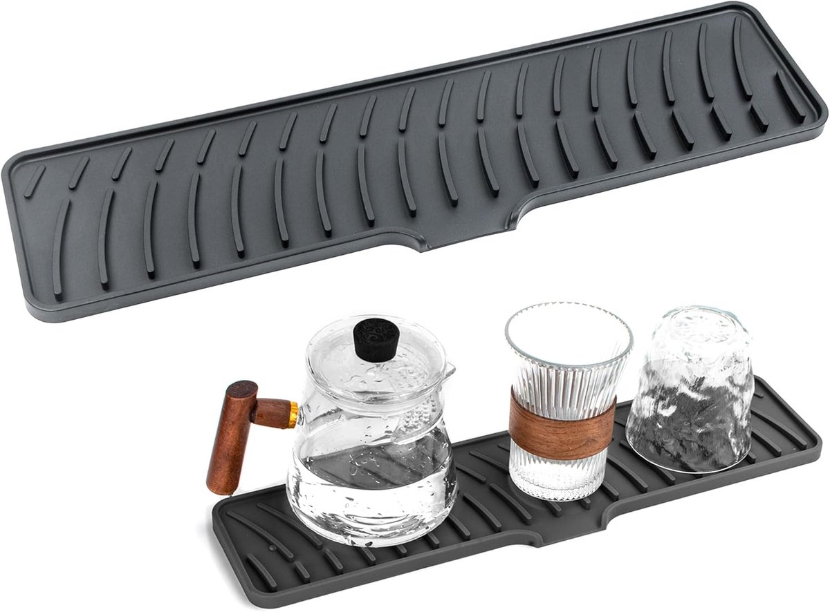 SnelShoppen - Silicone Afwasdroogmat Zwart, Smalle Droogmat met Afvoer voor Keuken, Bestek, Tafelgerei, 42 x 10 cm, Ruimtebesparend, Antislip