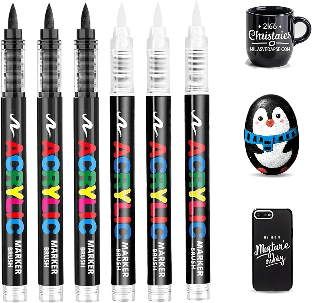 SnelShoppen - Acrylstiften Set 6 Stuks, 3 Zwart + 3 Wit, Waterdichte Permanente Markers 1-5 mm voor Canvas, Steen, Glas en Hout, Creatieve Kunst Benod