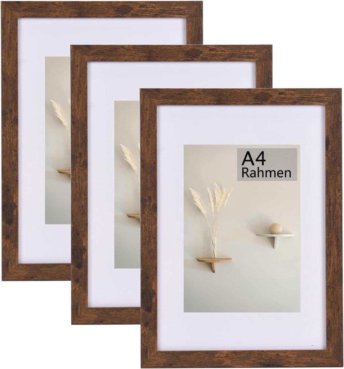 Fotolijst A4 (21x30 cm) met Passe-partout, Rustiek Bruin, Set van 3