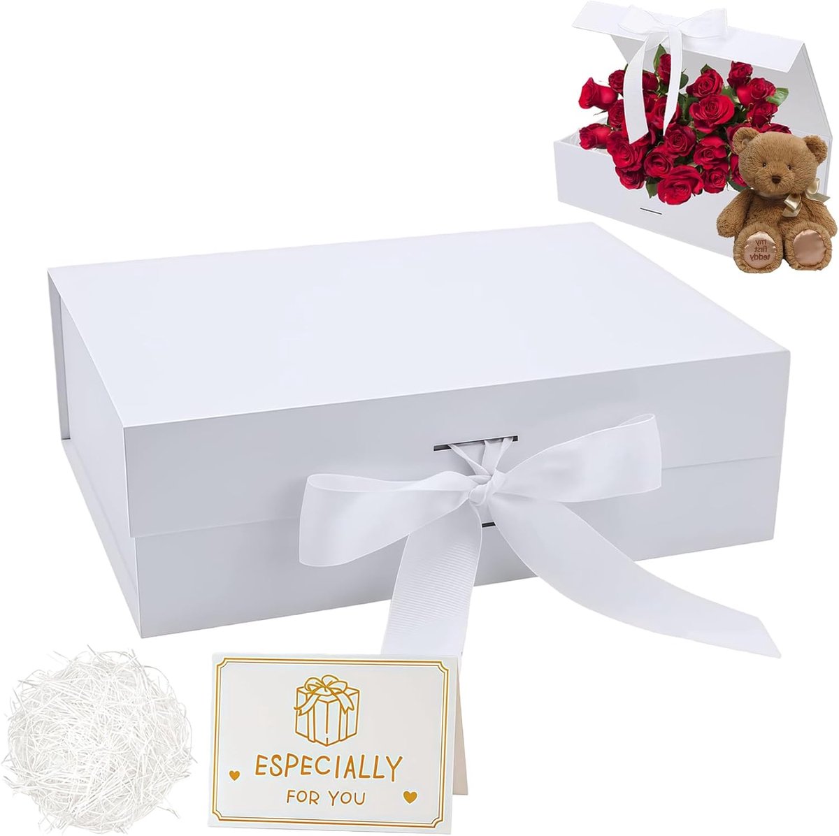 SnelShoppen - Luxe Magnetische Geschenkdoos met Deksels en Lint, 22 x 16 x 8,8 cm, Wit, Perfect voor Verjaardag, Kerstmis, Bruiloft, en Feestelijke Ge