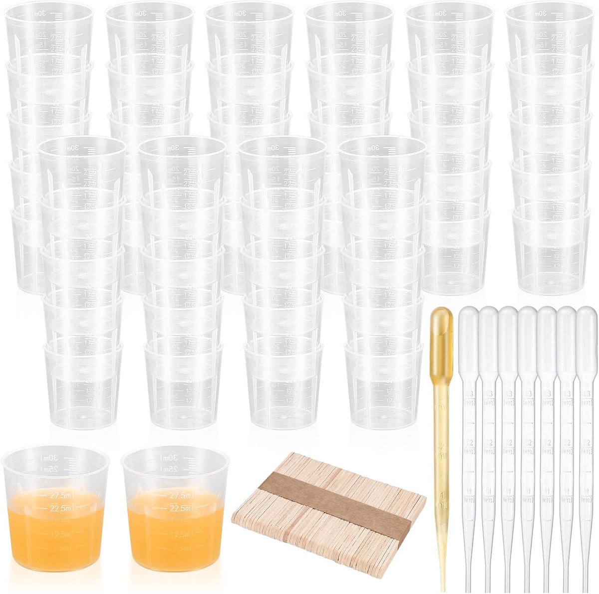 SnelShoppen - 52 Stuks 30ml Maatbekers - Kleine Mengbekers - Plastic Herbruikbare Maatbekers voor Epoxyhars - Inclusief 50 Houten Roerstokjes en 20 Pi