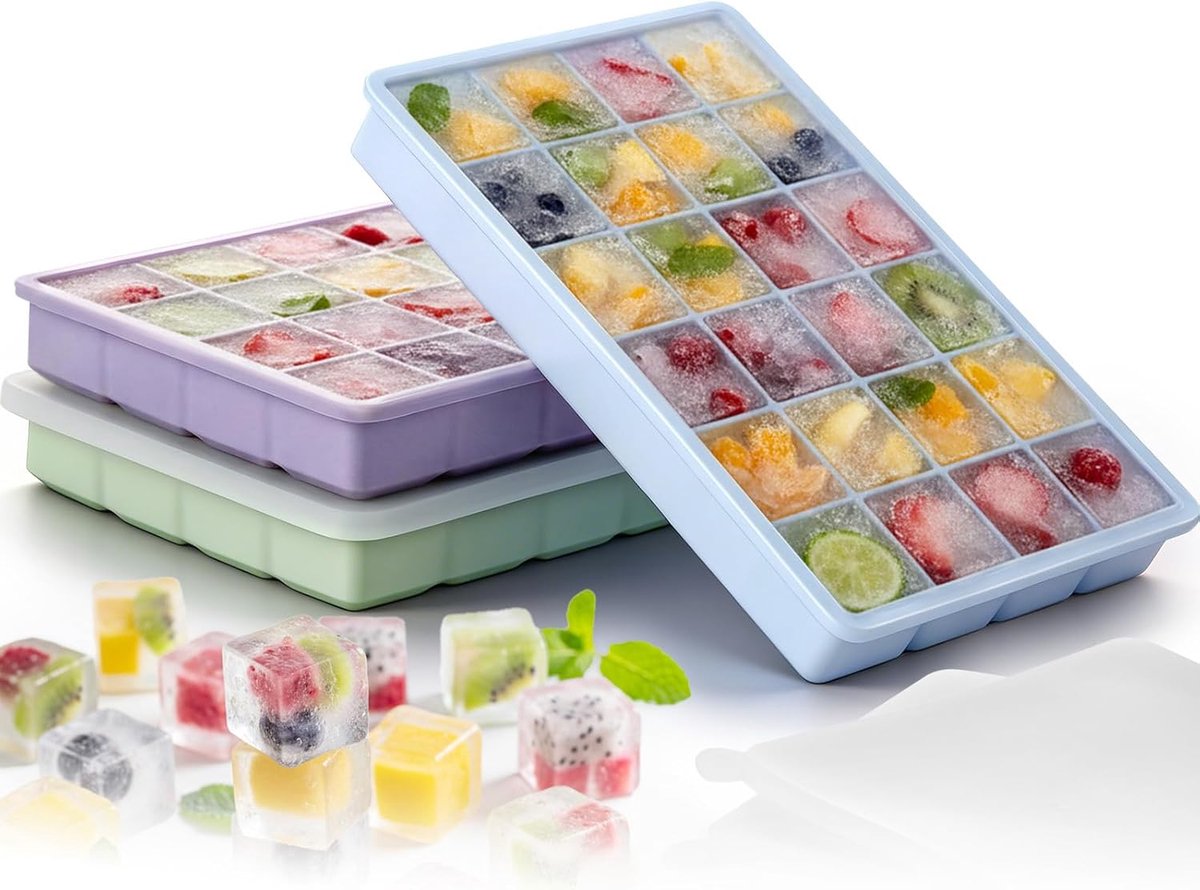 SnelShoppen - Siliconen IJsblokjesvorm met Deksel - IJsblokjeshouder Set van 3 - 72 Vierkante IJsblokjes - Perfect voor Whisky, Cocktails en Feestjes