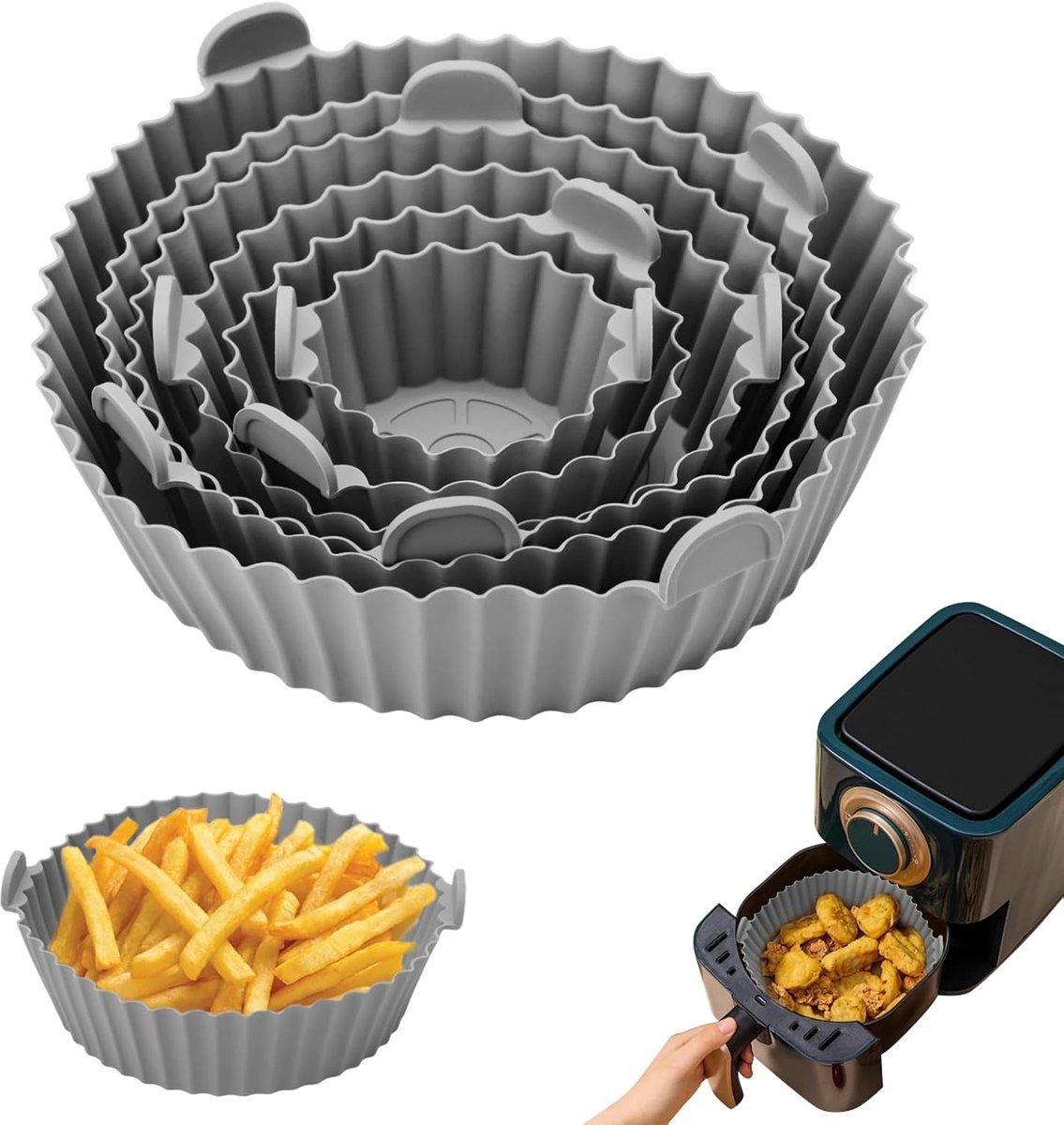 SnelShoppen Siliconen Air Fryer Vorm Set van 6 Herbruikbare Ronde Accessoires voor Air Fryer en Magnetron Hoogwaardige Grijze Siliconen Bakvorme
