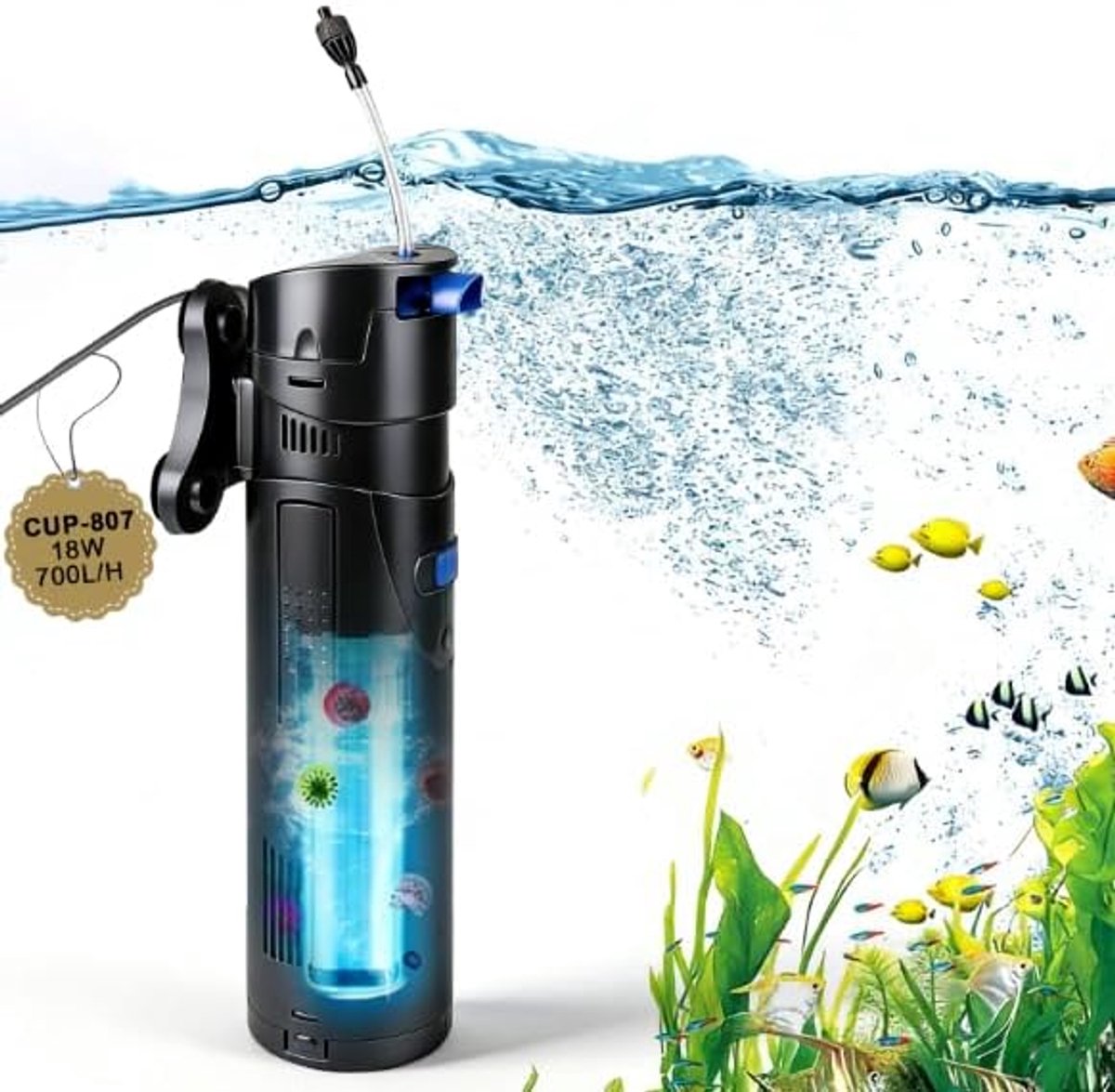 SnelShoppen - 4-in-1 Aquarium Filter met 7 W UV Lamp - Binnenfilter voor Aquarium tot 300 L - 700 l/h UVC Waterzuiveraar - Pomp, Skimmer en Sponsfilte