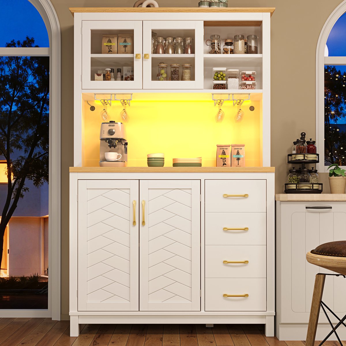 Wishdor - Buffetkast - LED-verlichting en 4 lades - vitrinedeuren en opbergruimte - landelijk - keuken en eetkamer - houtlook - wit - 105,5 x 40 x 180 cm