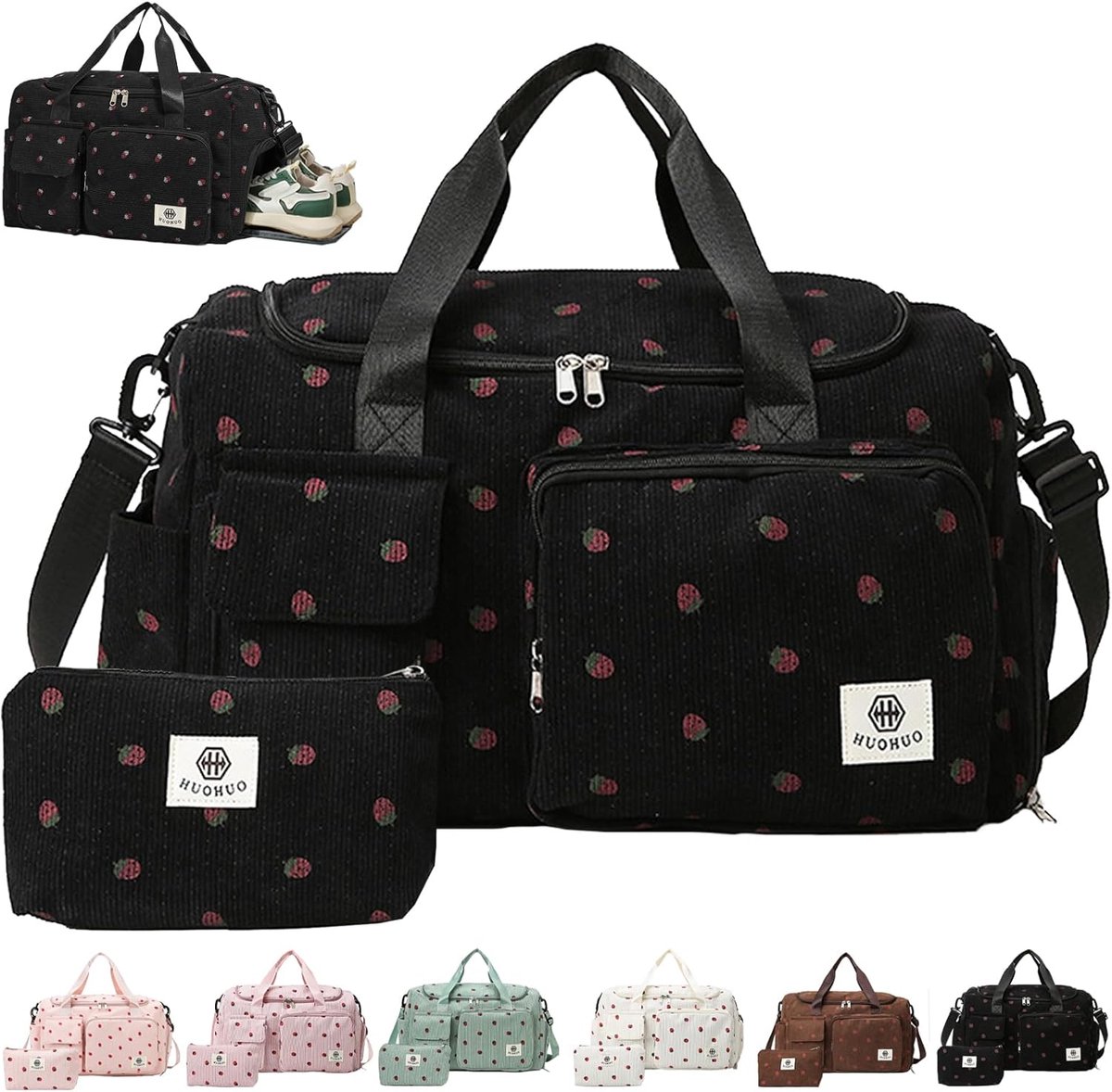 SnelShoppen - Dames Reistas Aardbei Sporttas van Ribvelours met Schoencompartiment, Nat Compartment en Kleine Portemonnee, Zwart, Casual voor Weekendu