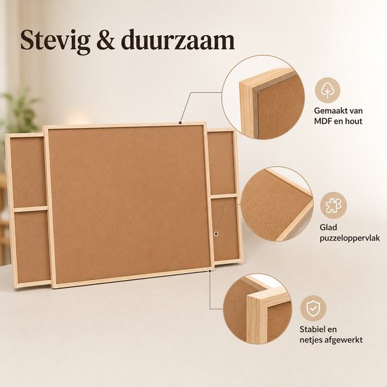 Close-ups van de constructie van een houten puzzelbord, met details van MDF en glad oppervlak.