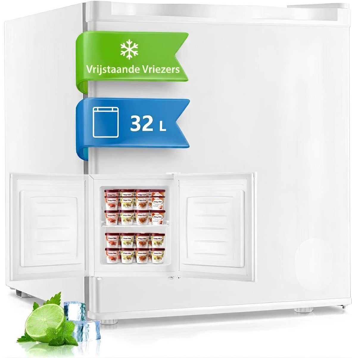 JCP® Mini Vriezer - Kleine Vriezer met Omkeerbare Deur - 7 Instelbare Thermostaatstanden - Wit - 47cm x 45cm x 50cm