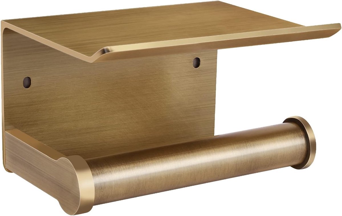 SnelShoppen - Toiletpapierhouder met Plank, Wandmontage, 3M Zelfklevend, Aluminium (Goud Brons) voor Badkamer, Modern Design, Roestvrij en Corrosiebes