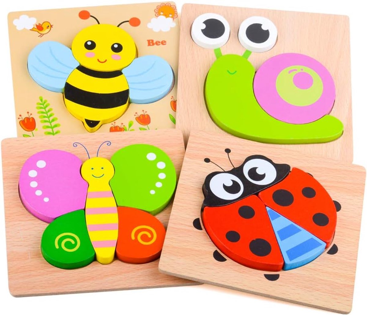 SnelShoppen - Houten Puzzels voor Baby Jongens, Educatieve Jigsaw Puzzels voor 1-3 Jaar Oud, Leer Insecten Herkennen, Veilig Speelgoed voor Peuters, V