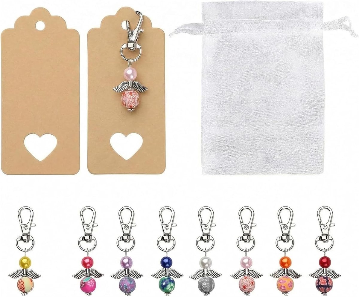 Beschermengel - Engel Sleutelhanger Set 32 Stuks - Bedankjes voor Bruiloft, Doop & Communie - Met Organzazakjes en Kraftpapier Labels - Gastgeschenk voor Feesten