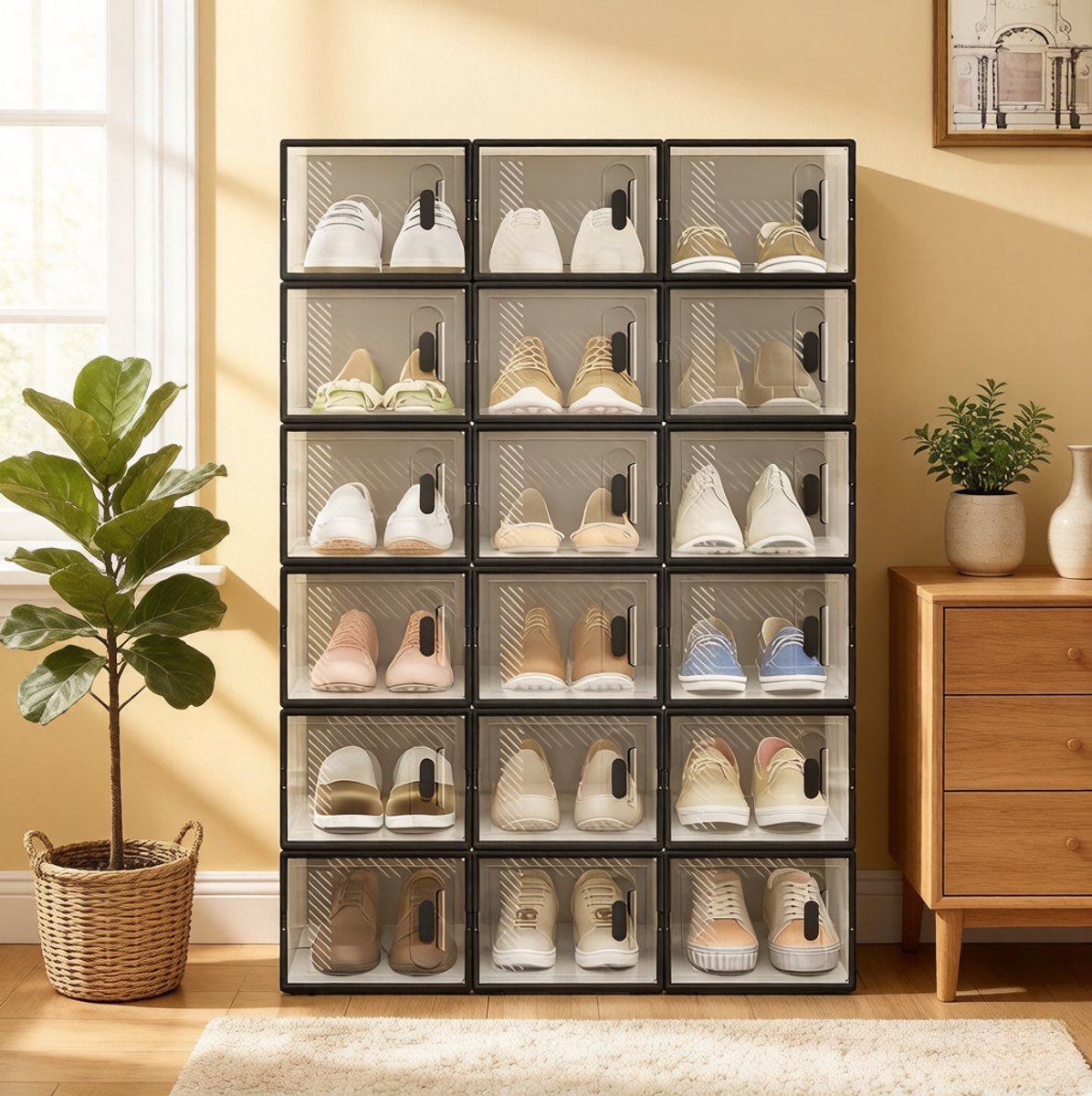 Wishdor Schoenboxenset 18-delig - Stapelbaar ontwerp - Transparant frontdeksel - Modulaire opbergbox van kunststof - Zwart en transparant - 25 x 18,5 x 35,5 cm