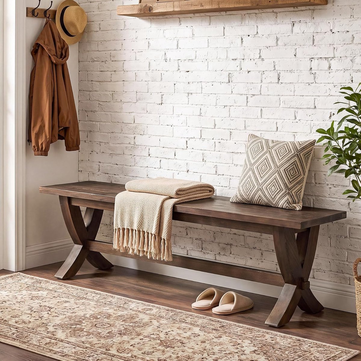 LITTLE TREE Landelijke Schoenenbank - 150 x 35 x 45 cm - Massief hout met X‑vormige poten - Multifunctionele bank voor entree en voeteneinde van het bed - Voor hal en slaapkamer - Bruin