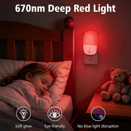 2-Pack 670nm Rood Nachtlampje voor Slaap, met Schemersensor Automatisch Aan/Uit, Zacht Rood Slaaplicht voor Babykamer, Slaapkamer, Gang en Badkamer — afbeelding 5