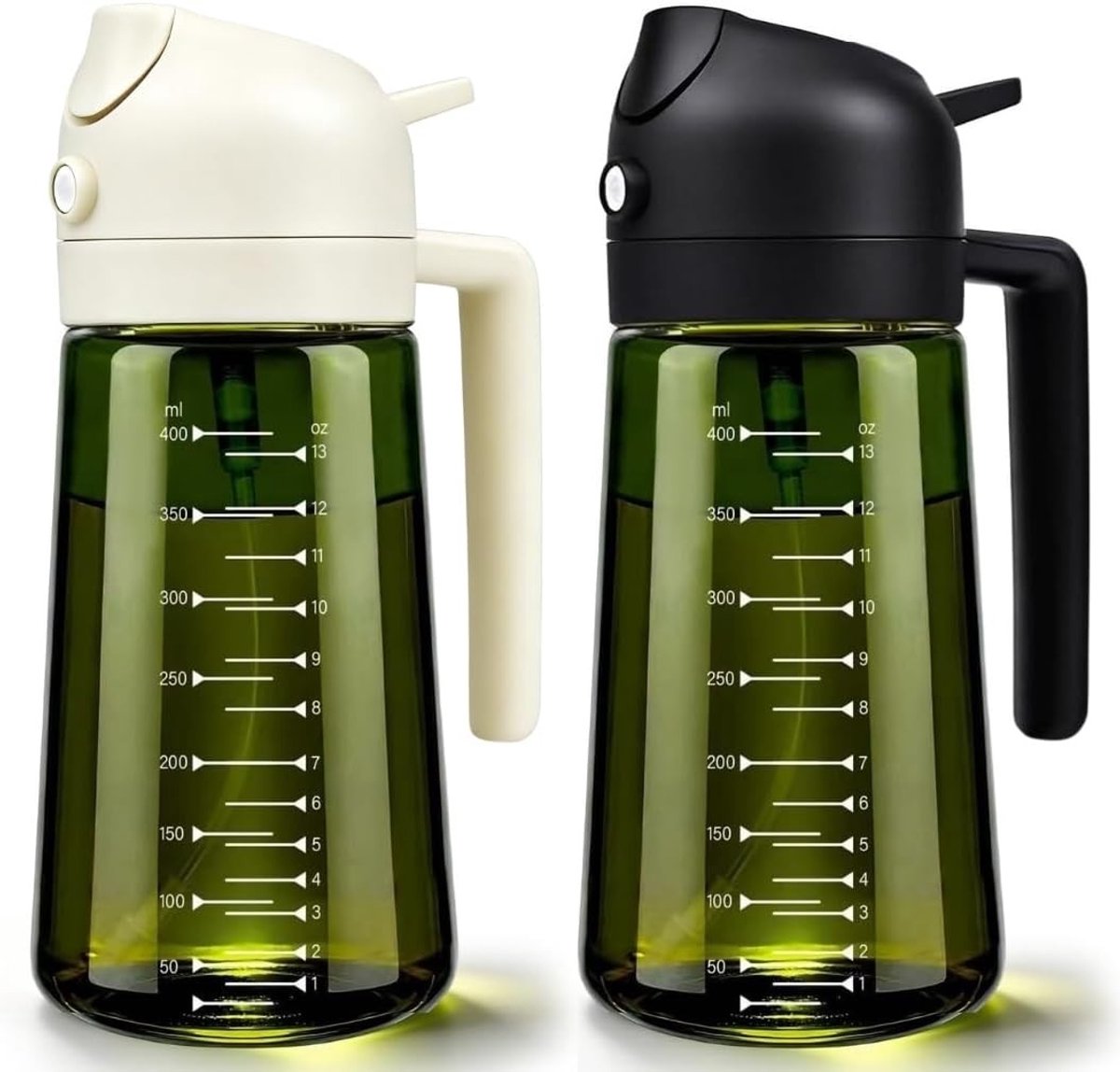 Olijfoliesprayer - Zwart en wit - 470 ml - Glazen 2-in-1 Olieverstuiver met Graduaties - Voor Koken en Grillen