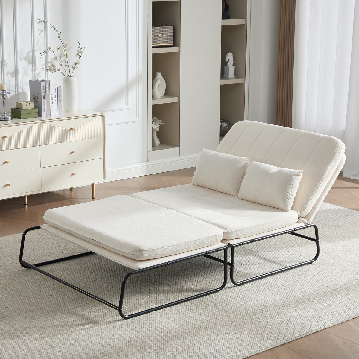 MIVRAY Slaapbank 104 x 85 x 92 cm - Uitklapbare 2-Zits Met Zijvakken En Metalen Frame - Voor Woonkamer, Werkkamer En Logeerkamer - Chenille Beige