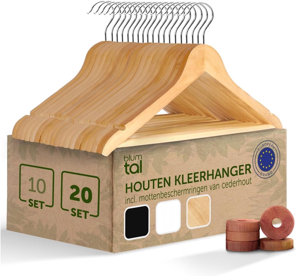 Houten kleerhangers - Naturel - Set van 20 - Massief Hout met 360° Draaibare Haak en Antislip Broekstang - Voor Jassen en Broeken