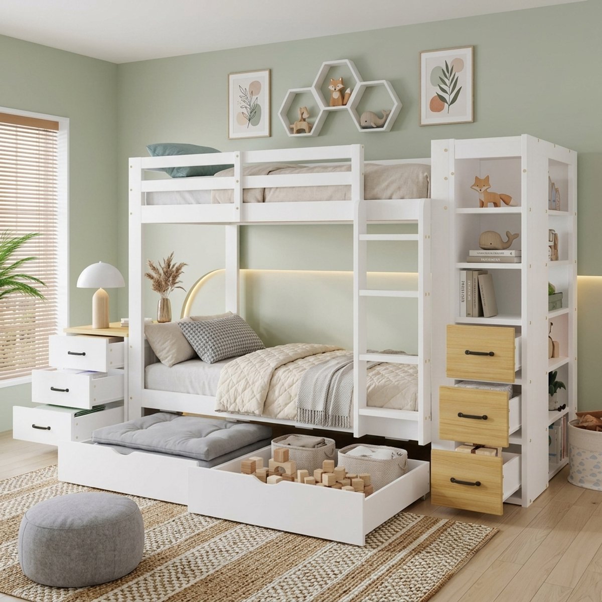STILVORA Stapelbed 90x200cm Zonder Matras – Met Ladder En Veel Opbergruimte – Voor Kinder En Jeugdkamer – Hout En MDF – Wit En Naturel