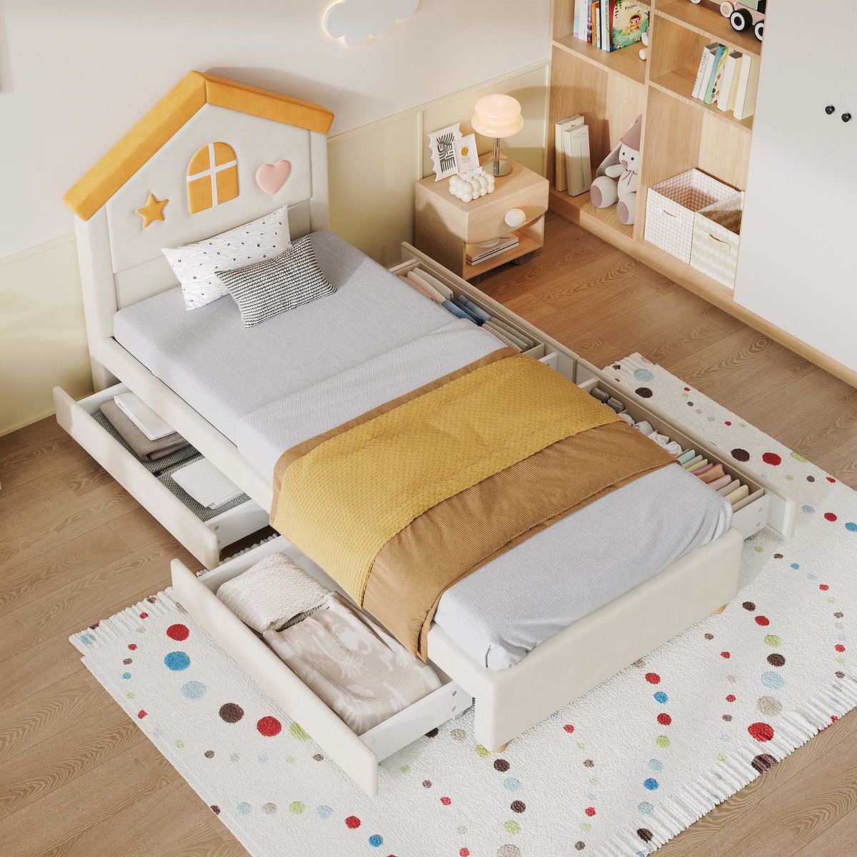 STILVORA Kinderbed 90x200cm – Huisbed Met 4 Lades – Opbergruimte Voor Kinderkamer En Jeugdkamer – Zacht Frans Fluweel – Beige – Zonder Matras
