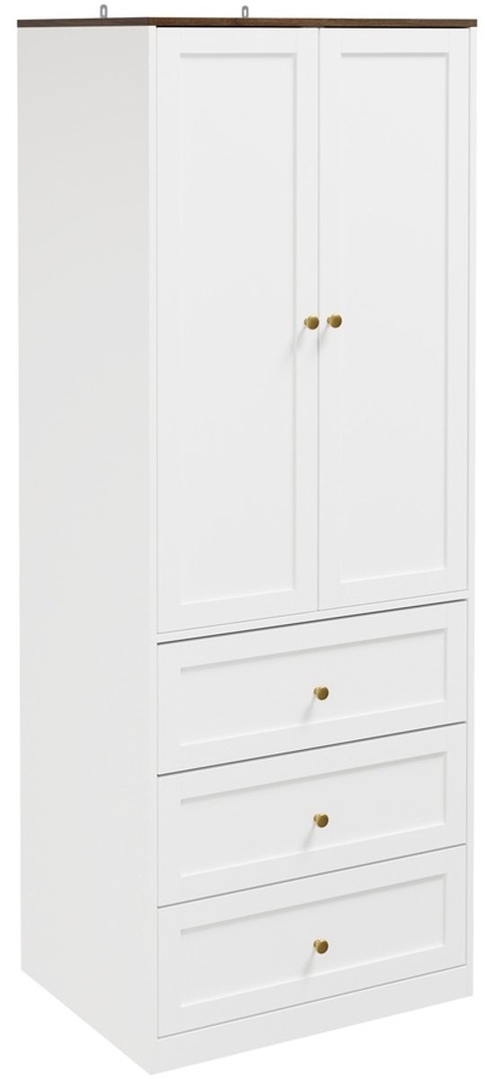 SoBuy Kledingkast met Klapdeuren en 3 Laden - Kledingkasten Slaapkamer - Wit met Donkerbruin Blad, 2 Deuren, 1 Legplank, Goudkleurige Knoppen | KSB04-W