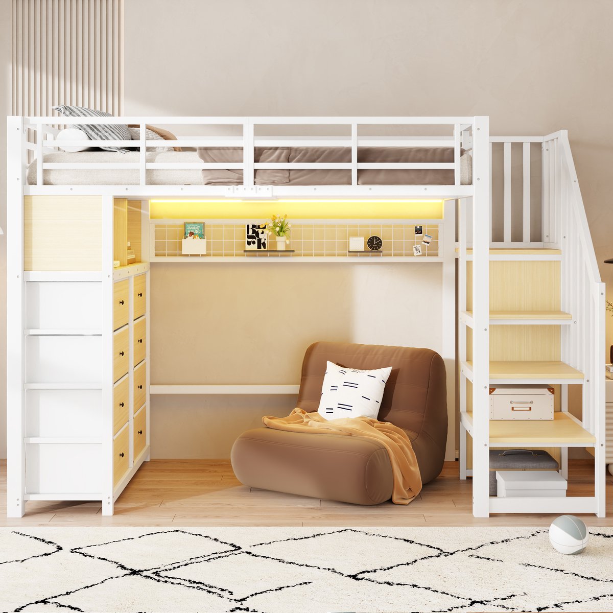 STILVORA Hoogslaper 90x200cm – Kinderbed Met LED Verlichting En Opbergladder – 8 Lades En Planken – Kinderkamer – Metaal MDF – Wit – Zonder Matras