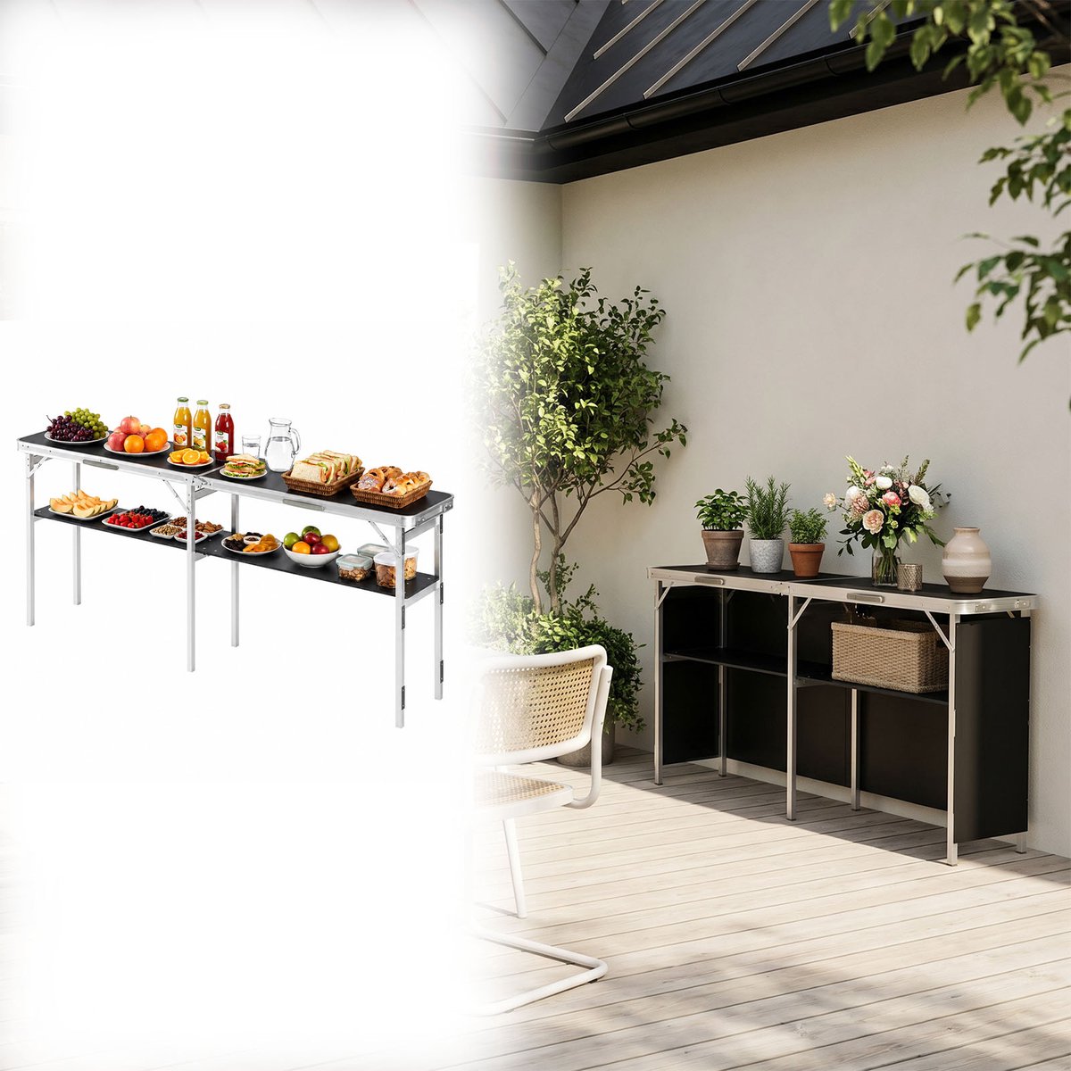 Aufun Draagbare, Inklapbare Tafel – Zwart – 196 x 38 x 85 cm – Frame Van Aluminiumlegering – Inclusief Opbergplank En Draagtas – Geschikt Voor Kamperen, Markten, Familiebijeenkomsten En Meer.