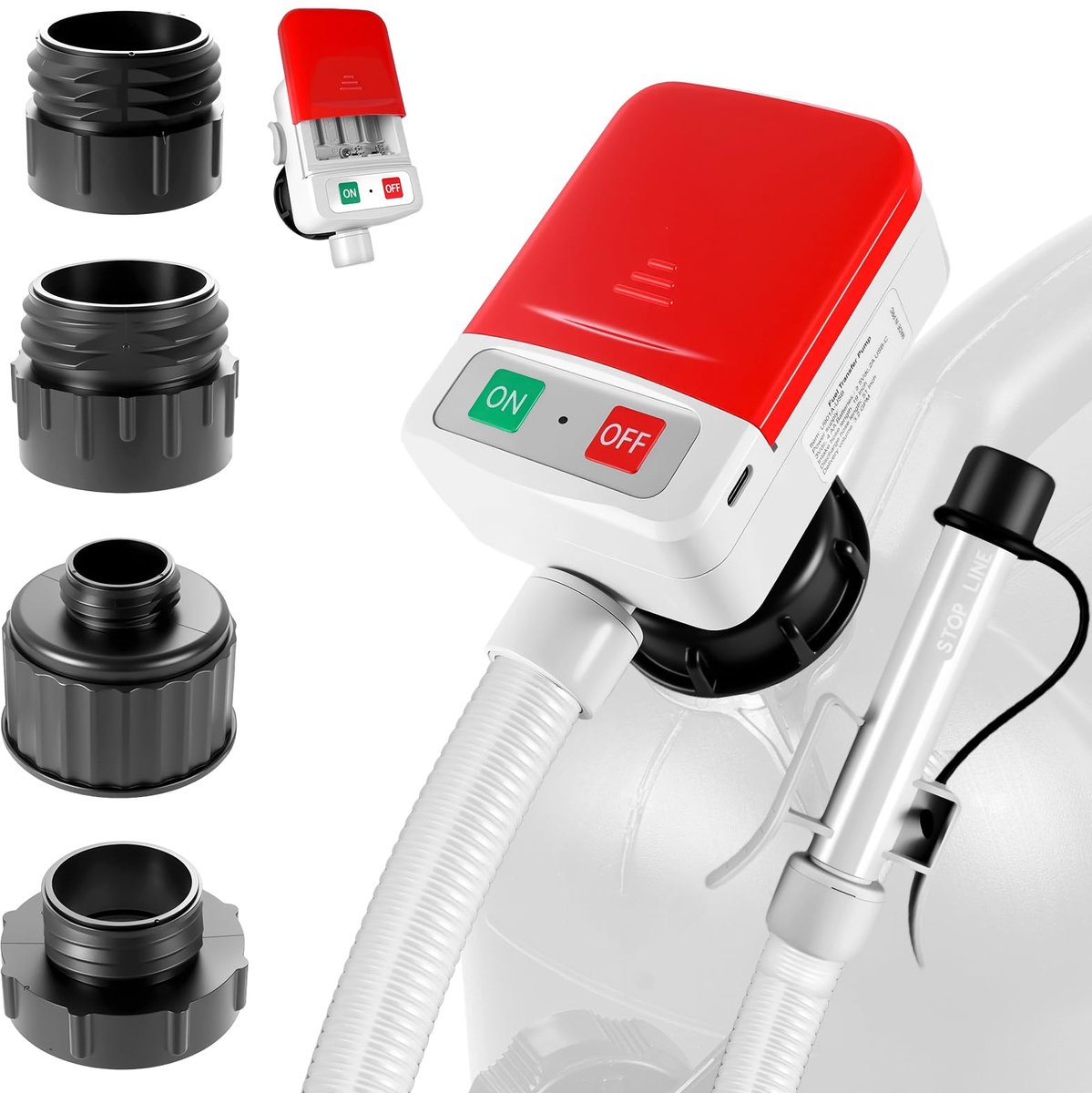 Namajunas - Elektrische Hevelpomp met Auto-Stop Sensor - Brandstofpomp voor Jerrycans - Transferpomp - USB-C & Batterij Voeding - 12 L/min - Inclusief 4 Adapters - Voor Benzine, Diesel