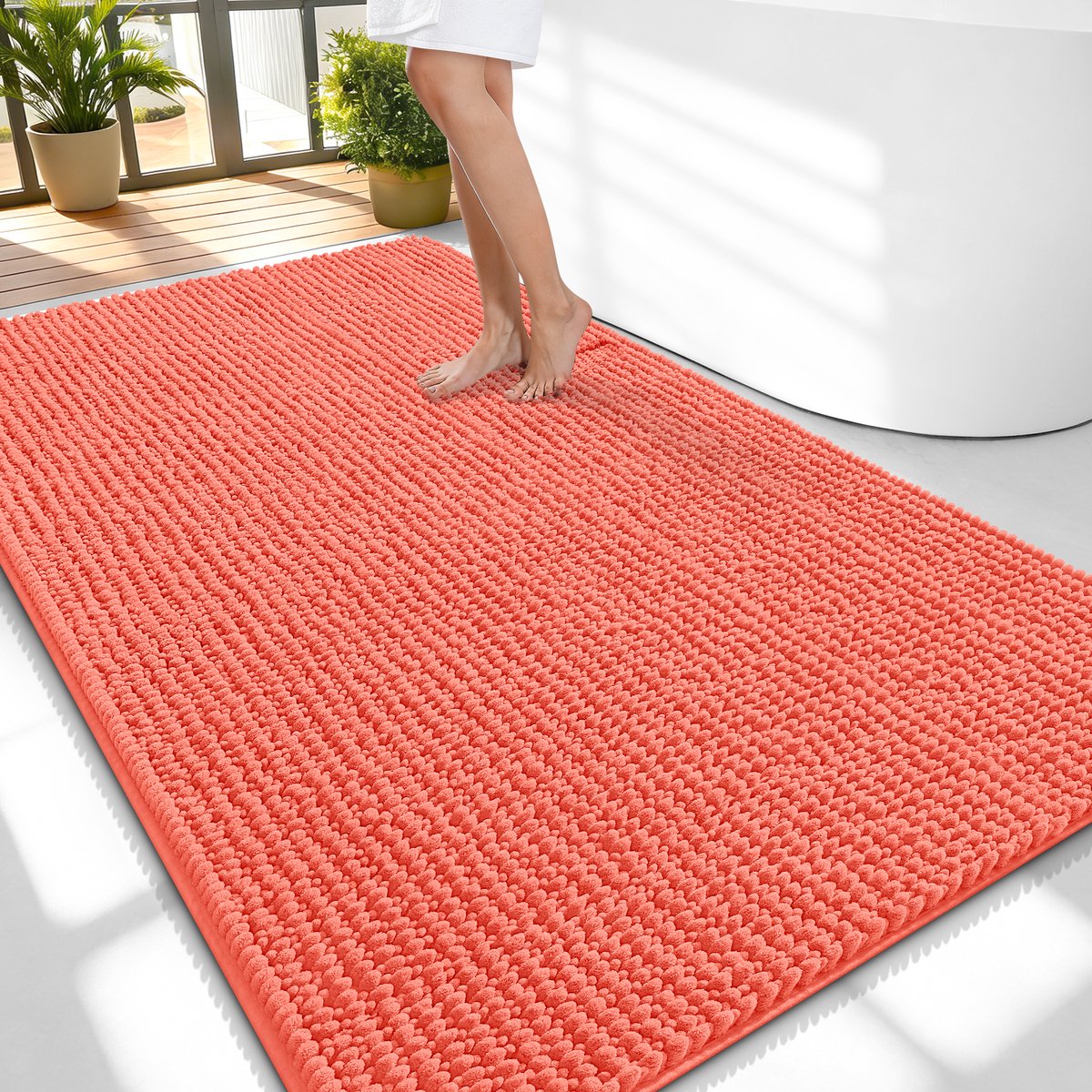 Olanly Badmat Antislip – Chenille Douchemat – Badmat Badkamer – Super Absorberend Deuropmat – Koraaloranje – 89X150cm