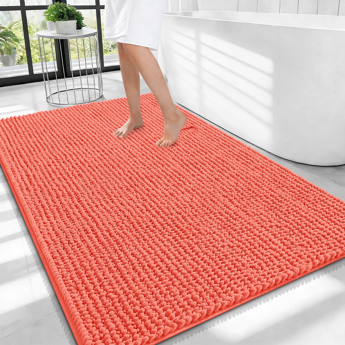 Olanly Badmat Antislip – Chenille Douchemat – Badmat Badkamer – Super Absorberend Deuropmat – Koraaloranje – 82X102cm