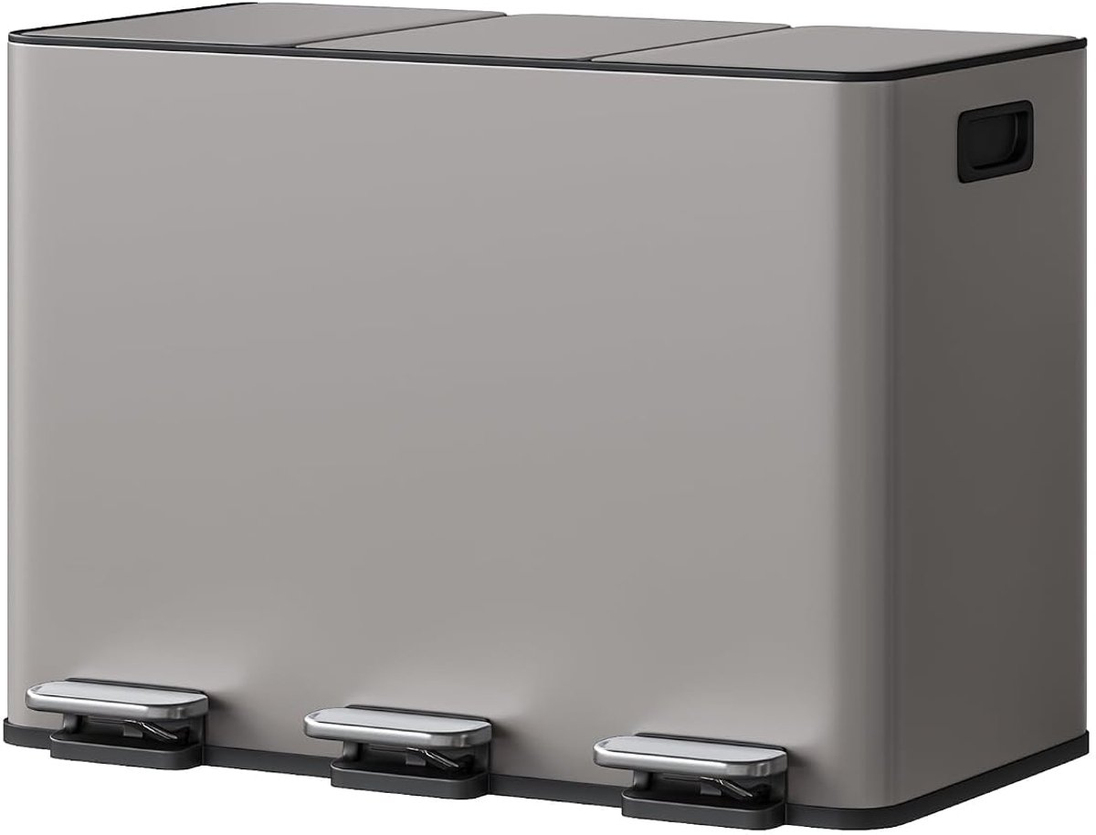 Prullenbak RVS 45L (3x15L) - 61.9x43x50.5cm - Afvalbak 3 Compartimenten - Recyclingbak - Vingerafdrukbestendig - Geurbestendig - Voor Keuken Woonkamer - Grijs