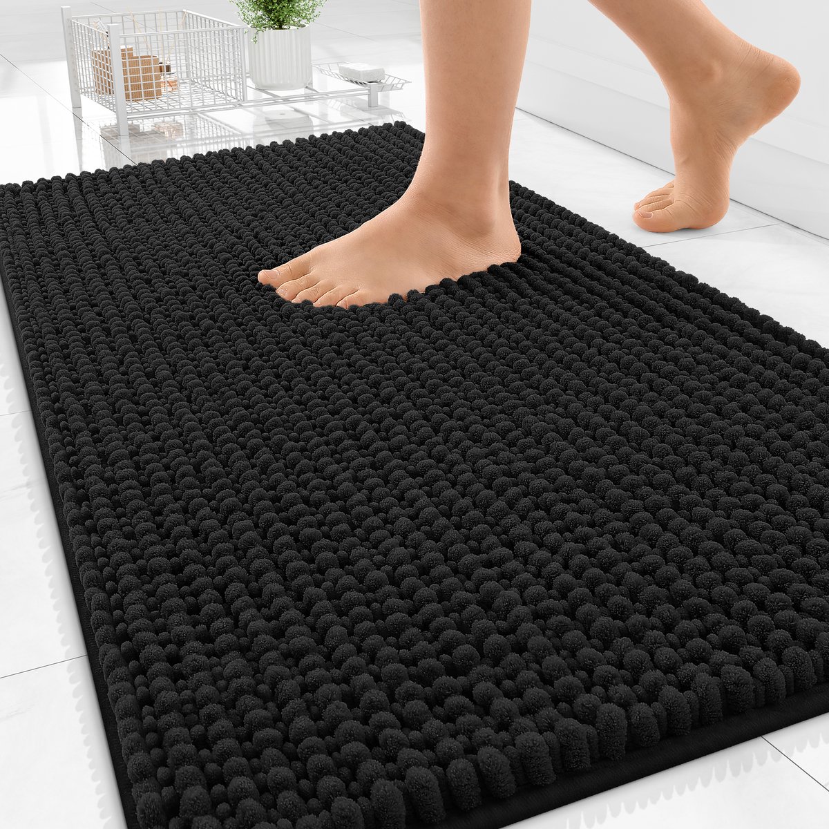 Olanly Badmat Antislip – Chenille Douchemat – Badmat Badkamer – Super Absorberend Deuropmat – Zwart – 51X76cm