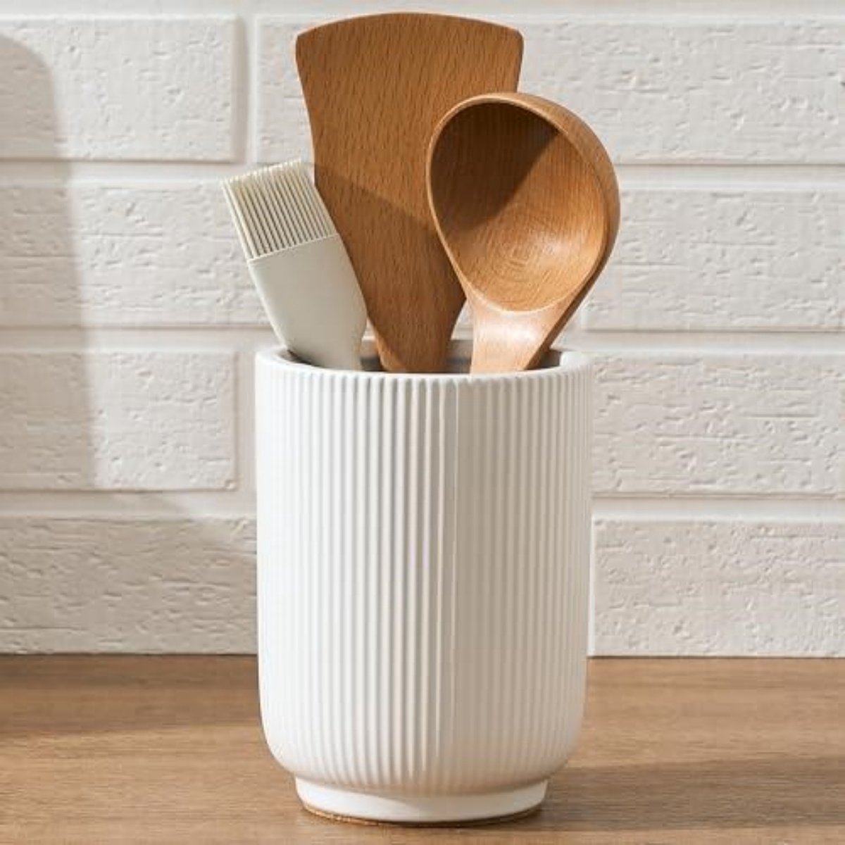 longziming -Keramische Utensilienhouder Keuken - Keuken Organizer voor Kooklepels, Spatels en Pollepels - 16 cm Hoog - Wit - Voor Aanrecht en Keukenblad