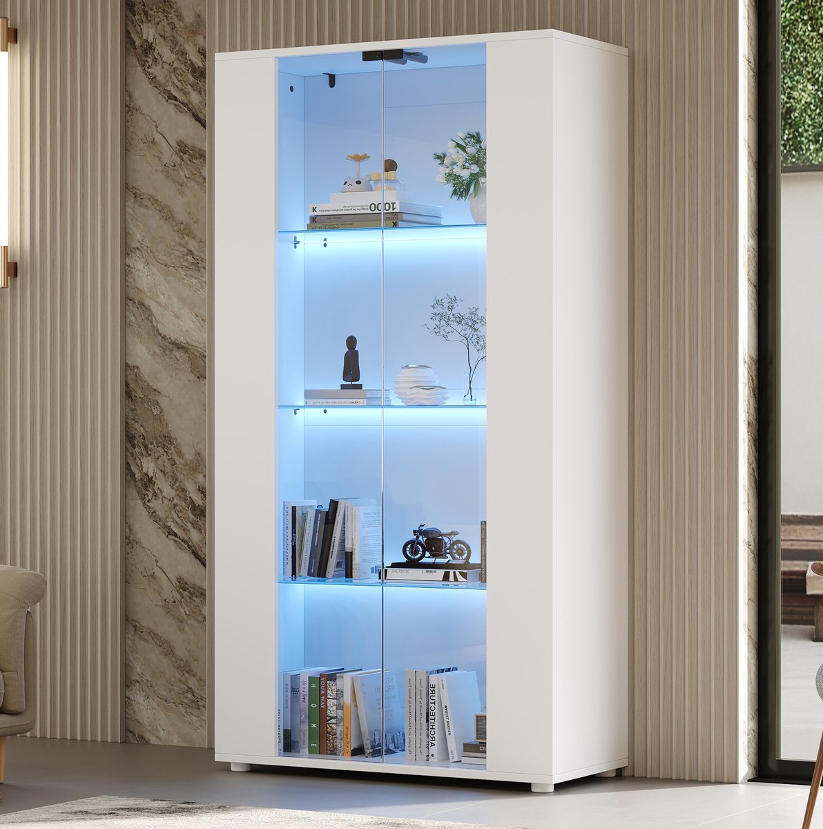OKWISH Vitrinekast – 2 Glazen Deuren – 4 Legplanken – Met Verstelbare Ledverlichting – Modern Design – Wit – 80 X 36 X 150 Cm