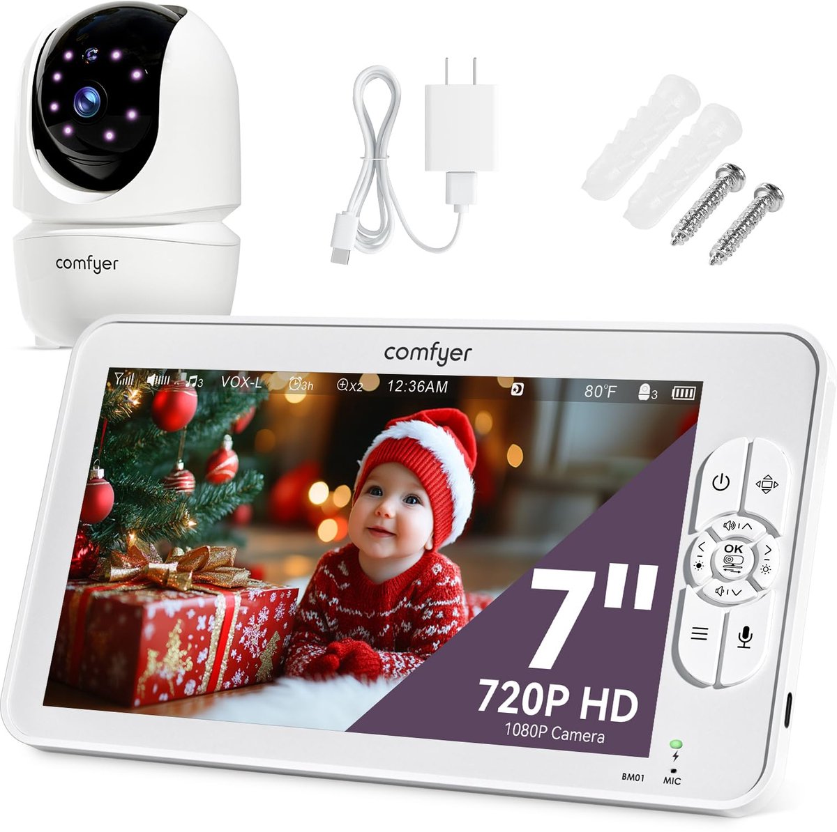 Babyfoon met camera zonder wifi 7 inch scherm 720P HD nachtzicht 2-weg audio VOX functie en 6000 mAh batterij