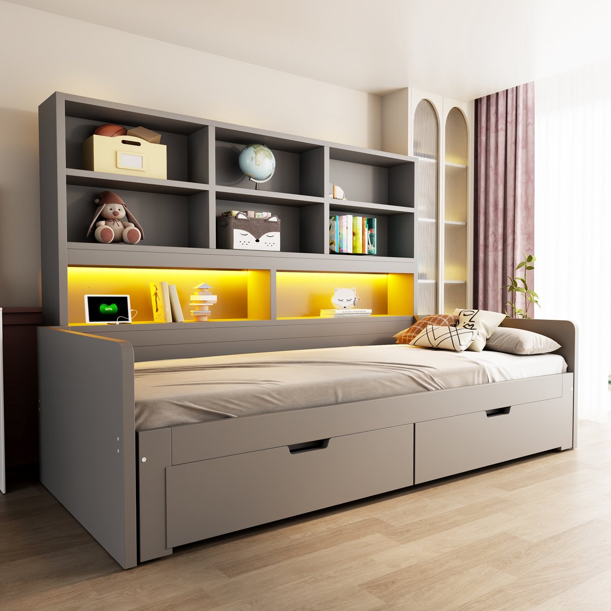 STILVORA Bedbank 90 x 200 cm – Uitschuifbaar Slaapbed naar 180 x 200 cm – Opbergruimte met Lades en Open Vakken – Voor Jeugdkamer – MDF – Grijs Zonder matras