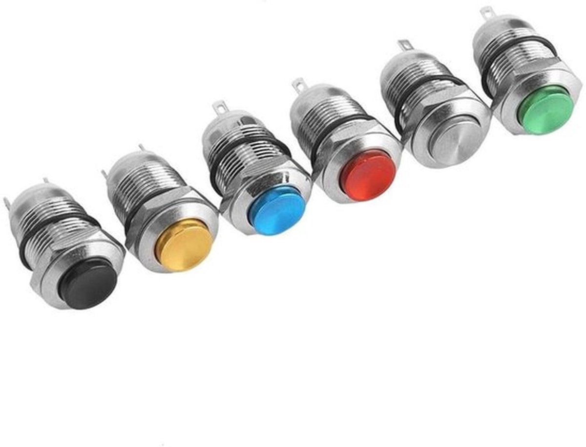 Momentane drukknop-schakelaars - Waterdicht - 12mm - Resetknop - 6 stuks - Geschikt voor elektronica - Blauw Groen Zwart Rood Geel Metallic