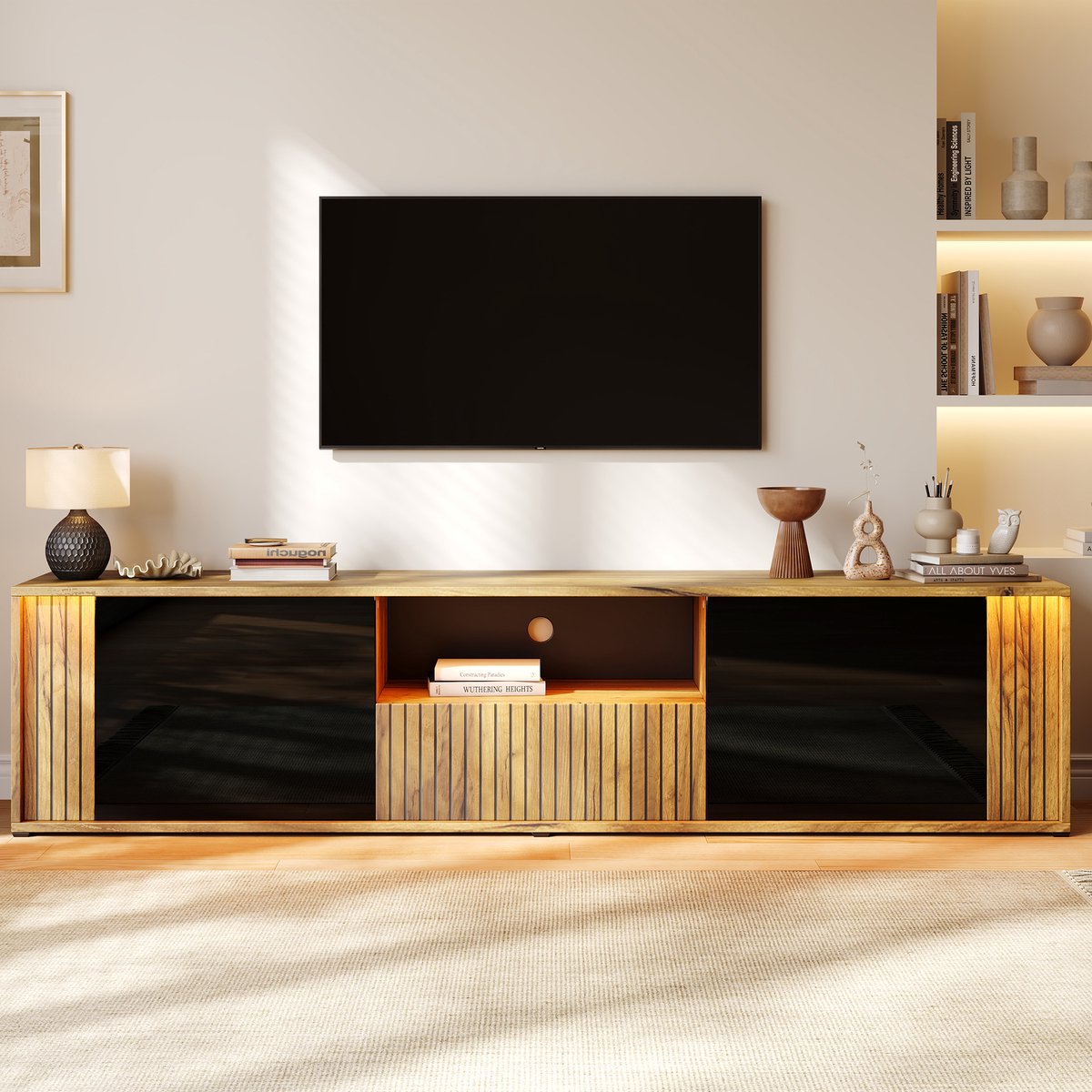 Tv Meubel - 2 Deuren, 1 Lade En Led Verlichting - Voor Woonkamer En Slaapkamer - MdF En Spaanplaat - 180x40x51 Cm - Zwart Natuurlijk